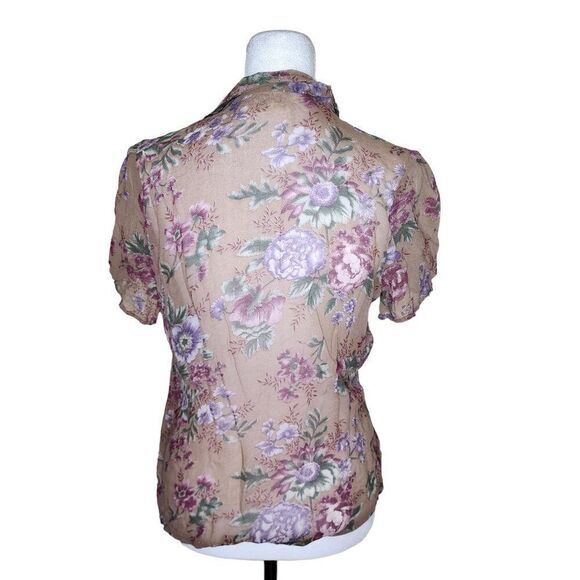 Vintage 80s Blouse Sheer Top Womens Size M Beige Purple Floral - Picture 3 of 5